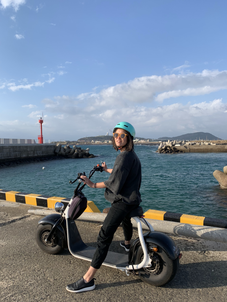 Diane on a motorized scooter